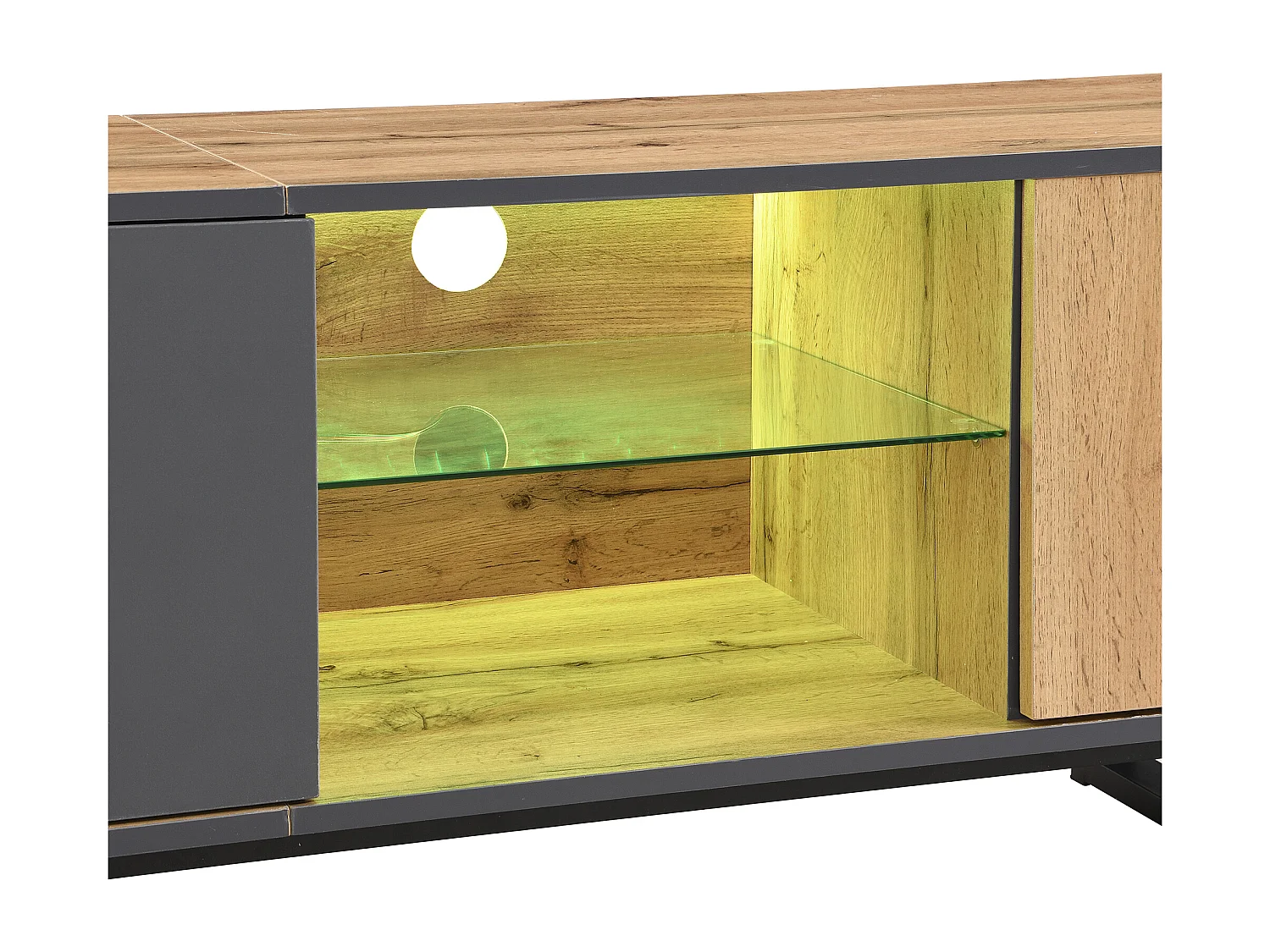 Móvel baixo, móvel de TV para sala com efeito de luz LED, divisória em vidro, dobradiça de proteção, design com cores a condizer