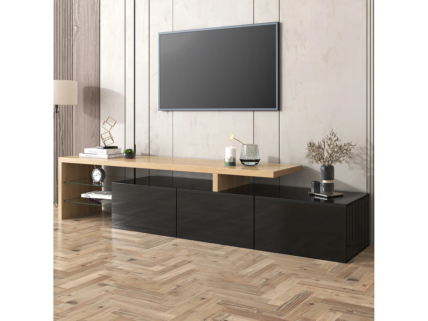 Glanzende tv-kast 197,5 L x 39 B x 42H (cm), moderne stijl, praktische opbergruimte, houtlook, glazen planken, led-verlichting, zwart