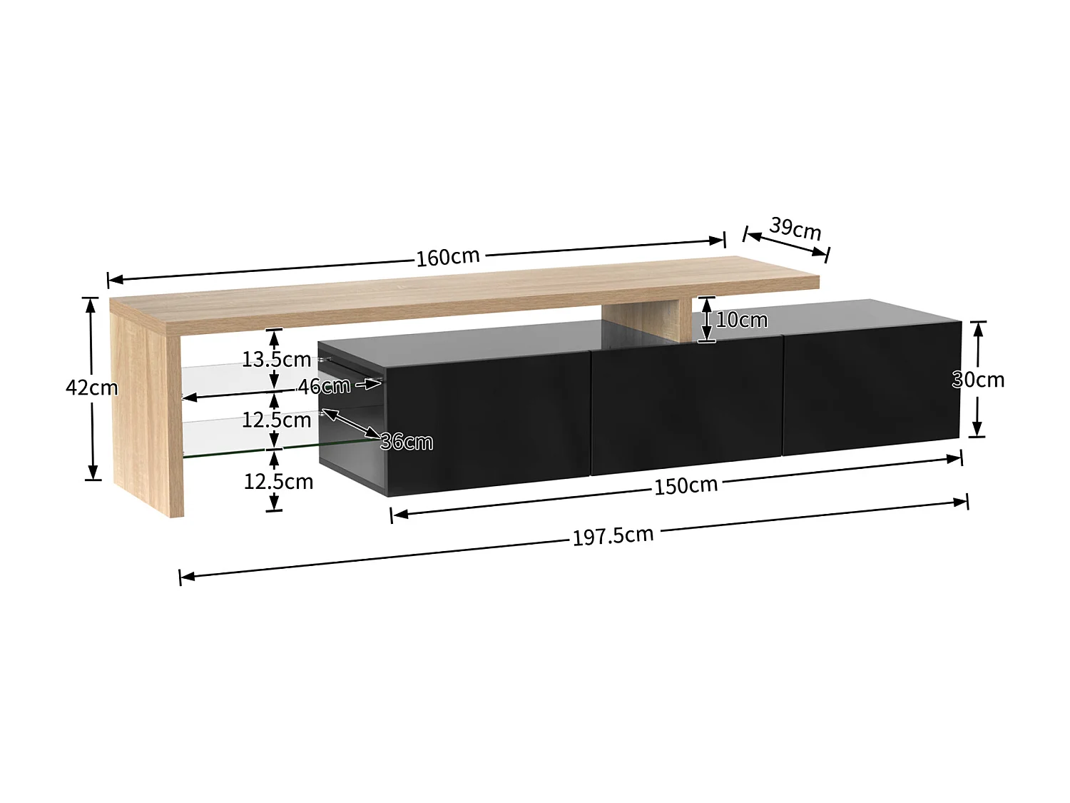 Glanzende tv-kast 197,5 L x 39 B x 42H (cm), moderne stijl, praktische opbergruimte, houtlook, glazen planken, led-verlichting, zwart