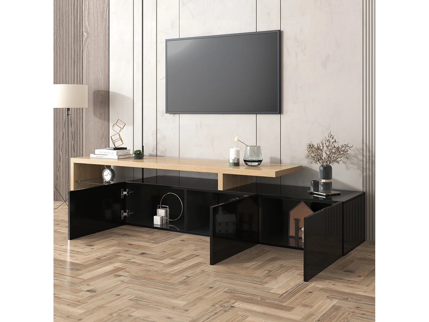 Glanzende tv-kast 197,5 L x 39 B x 42H (cm), moderne stijl, praktische opbergruimte, houtlook, glazen planken, led-verlichting, zwart