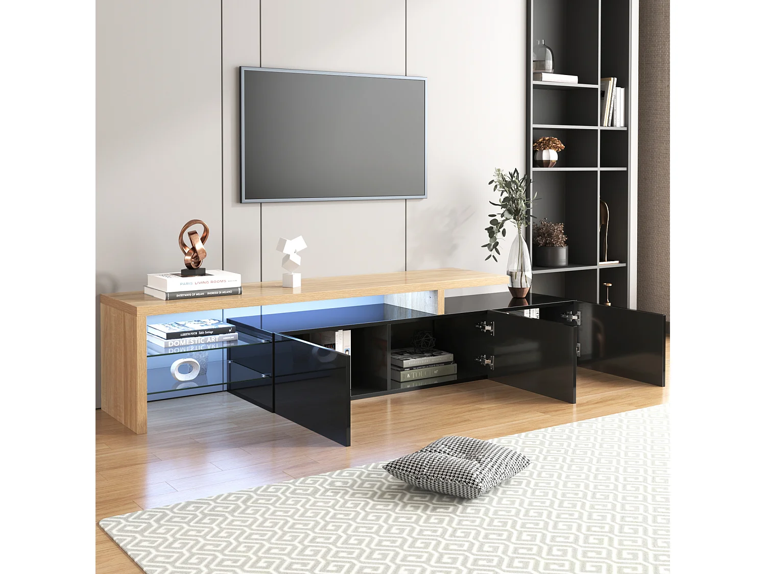 Glanzende tv-kast 197,5 L x 39 B x 42H (cm), moderne stijl, praktische opbergruimte, houtlook, glazen planken, led-verlichting, zwart