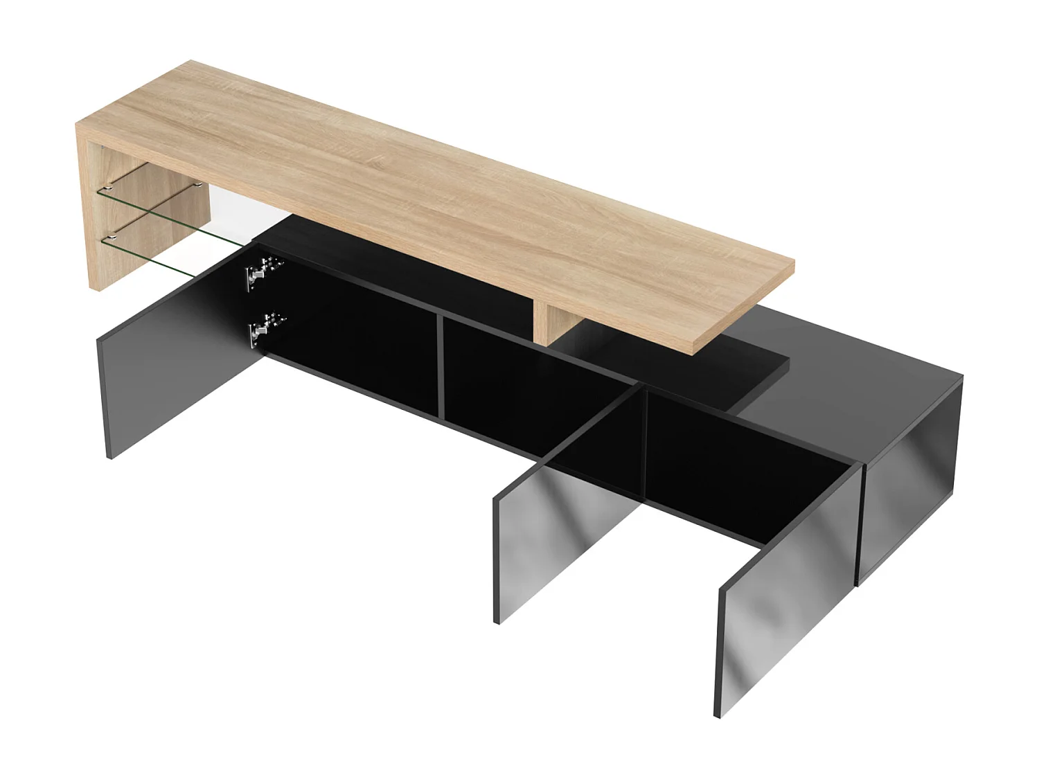 Glanzende tv-kast 197,5 L x 39 B x 42H (cm), moderne stijl, praktische opbergruimte, houtlook, glazen planken, led-verlichting, zwart