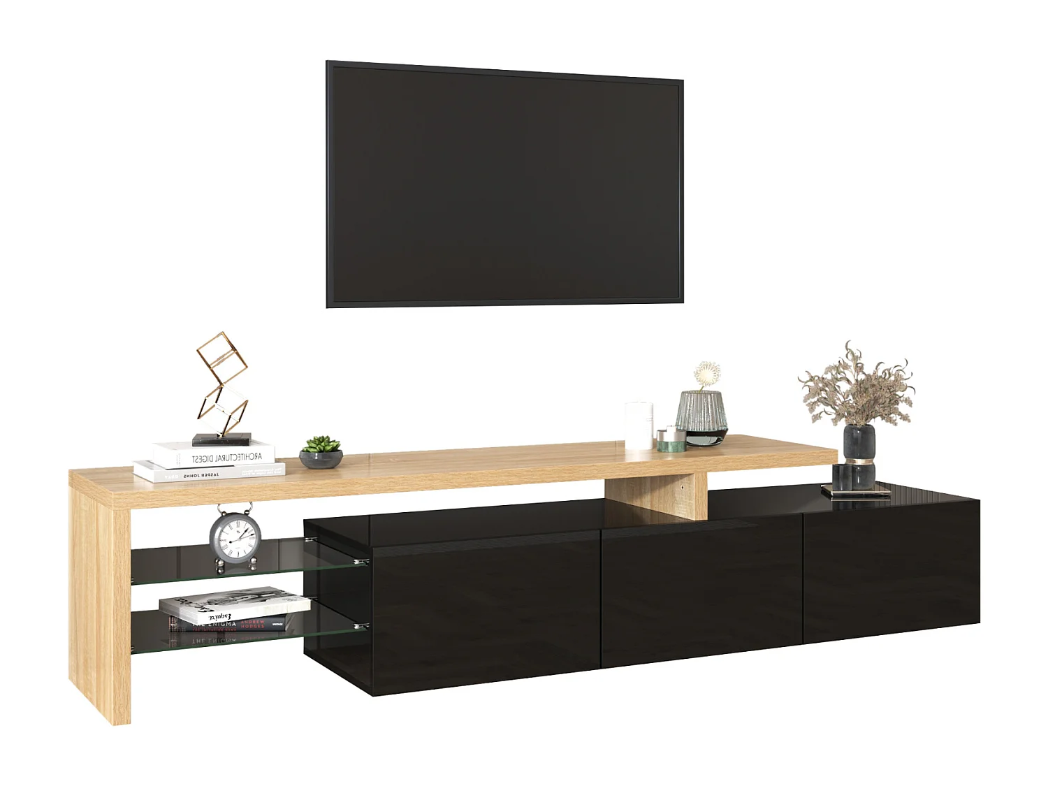Glanzende tv-kast 197,5 L x 39 B x 42H (cm), moderne stijl, praktische opbergruimte, houtlook, glazen planken, led-verlichting, zwart