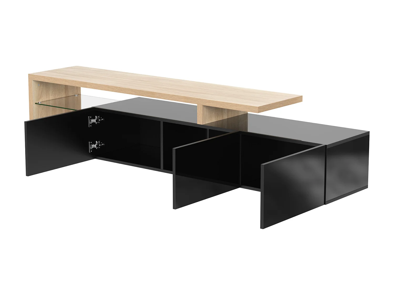 Glanzende tv-kast 197,5 L x 39 B x 42H (cm), moderne stijl, praktische opbergruimte, houtlook, glazen planken, led-verlichting, zwart