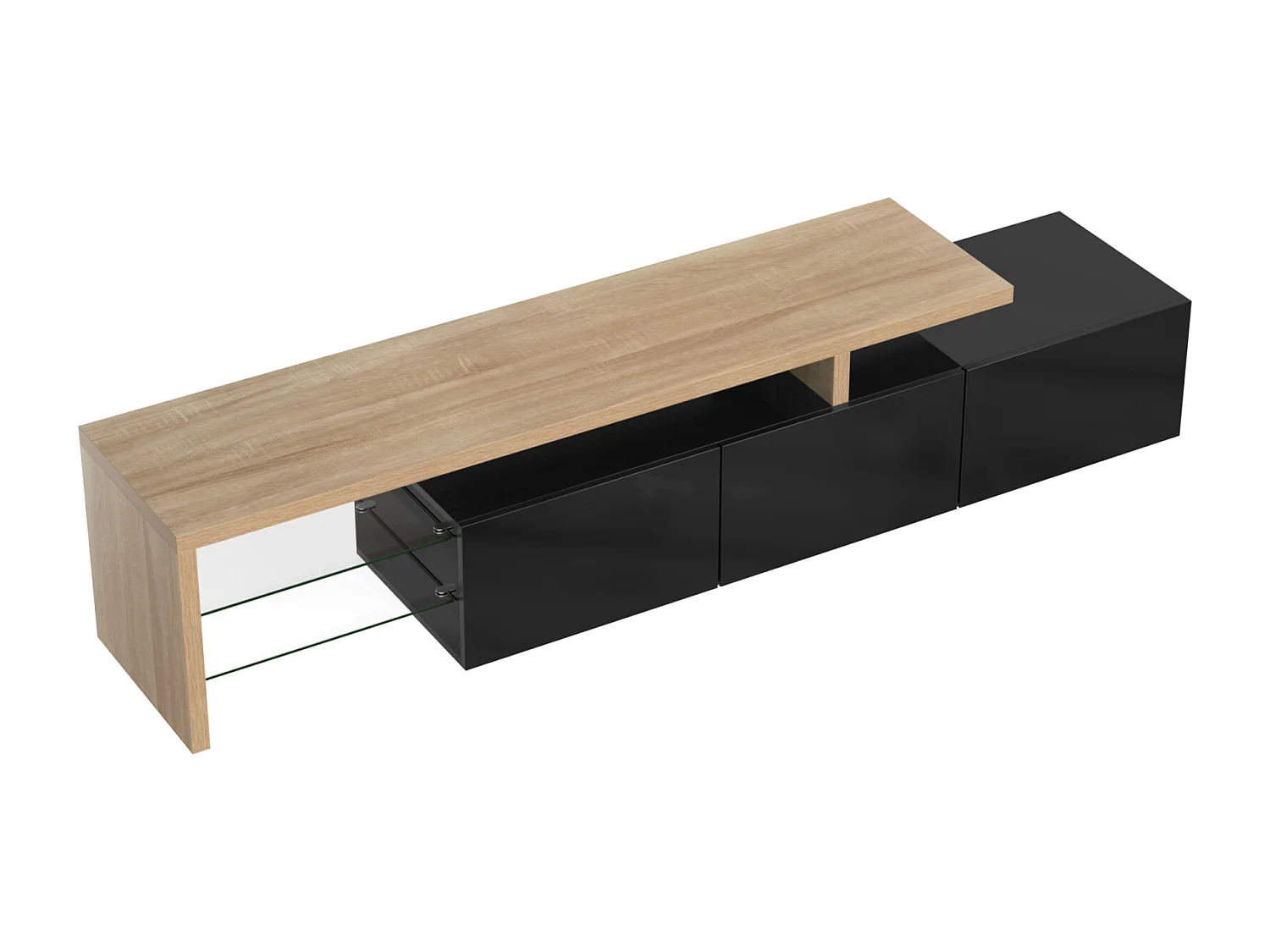 Glanzende tv-kast 197,5 L x 39 B x 42H (cm), moderne stijl, praktische opbergruimte, houtlook, glazen planken, led-verlichting, zwart