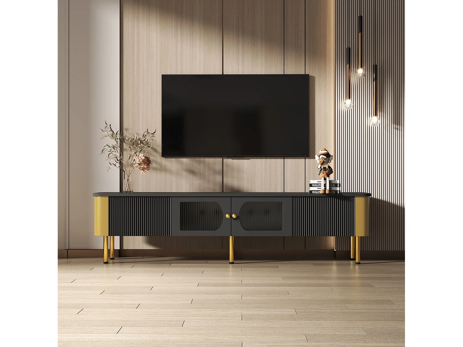 Mobile TV 170x50x34cm - con cassetti e pannelli porta sagomati, maniglie e piedini dorati, forma ad arco - in MDF nero