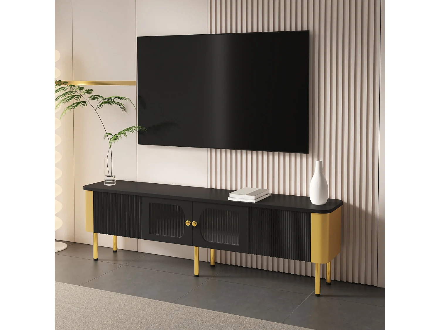 Mobile TV 170x50x34cm - con cassetti e pannelli porta sagomati, maniglie e piedini dorati, forma ad arco - in MDF nero
