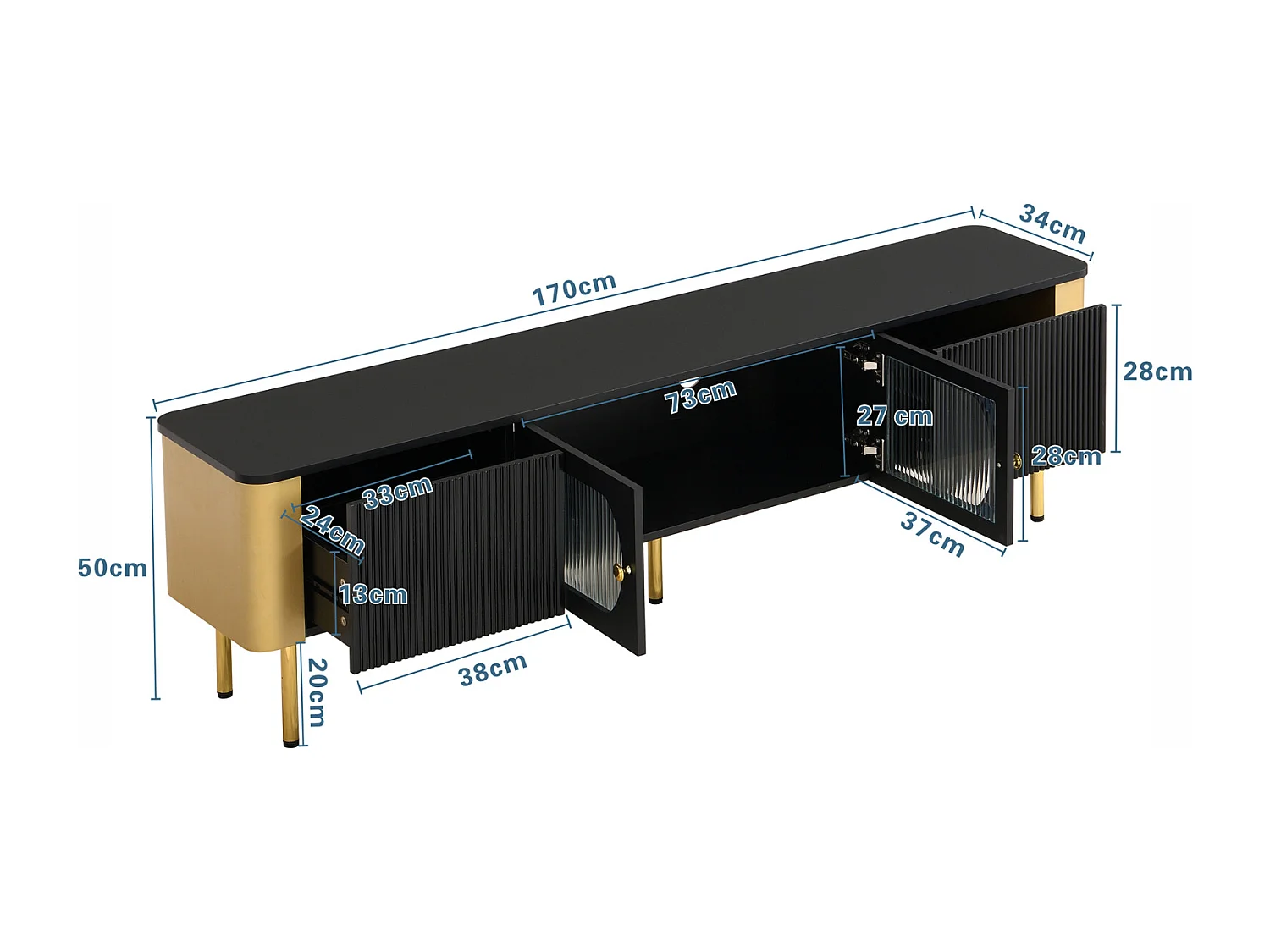 Mobile TV 170x50x34cm - con cassetti e pannelli porta sagomati, maniglie e piedini dorati, forma ad arco - in MDF nero
