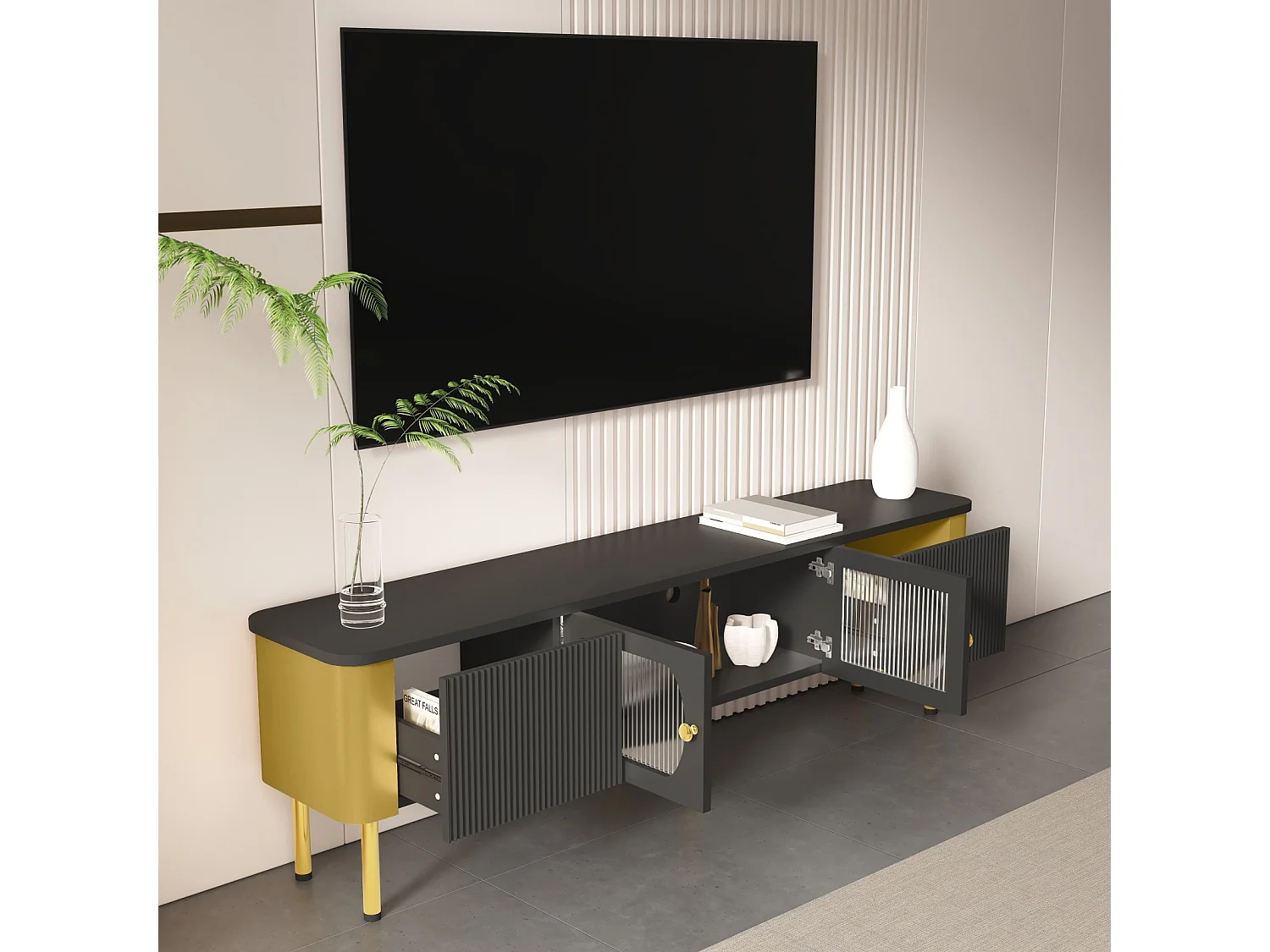 Mobile TV 170x50x34cm - con cassetti e pannelli porta sagomati, maniglie e piedini dorati, forma ad arco - in MDF nero