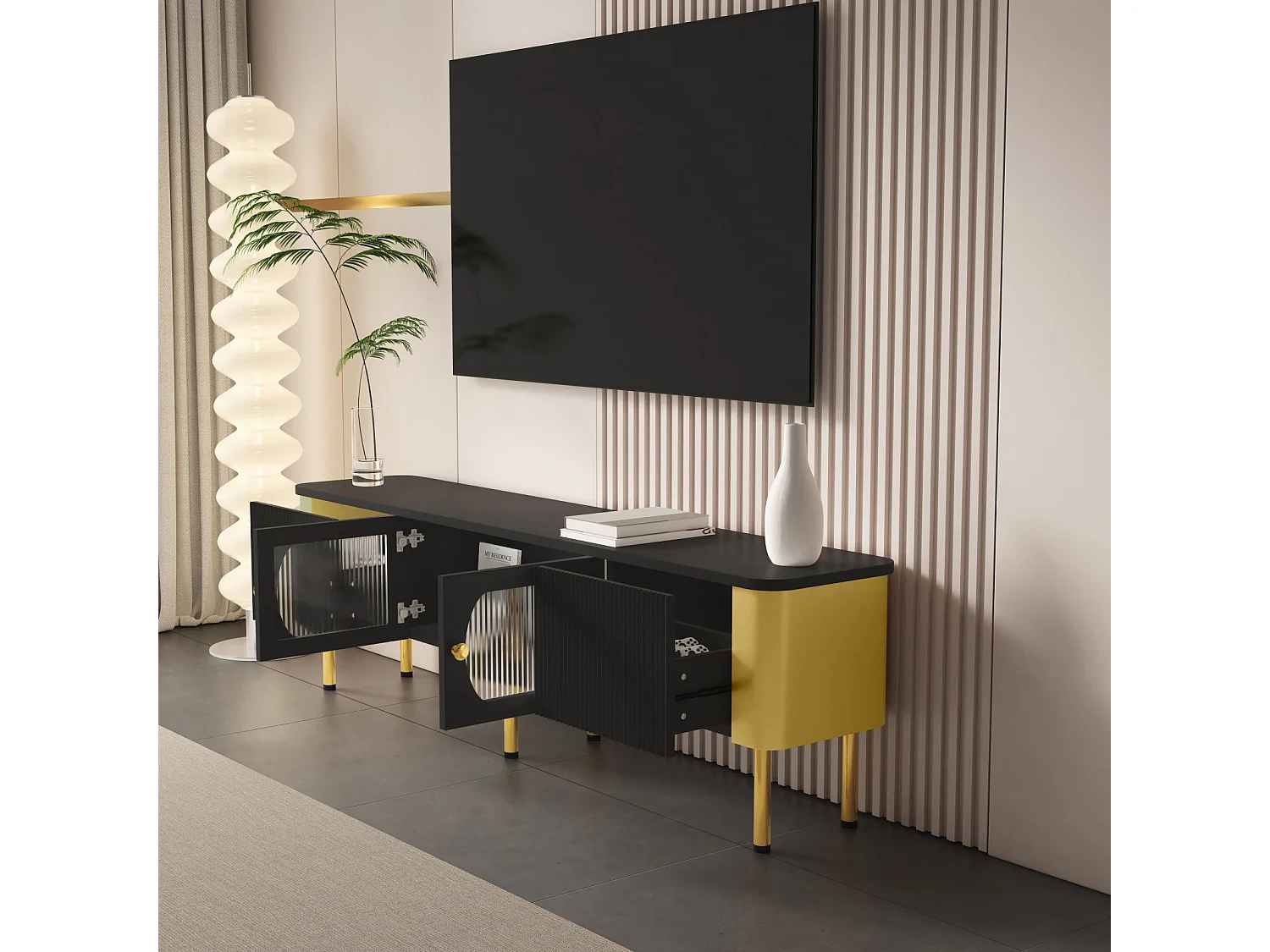 Mobile TV 170x50x34cm - con cassetti e pannelli porta sagomati, maniglie e piedini dorati, forma ad arco - in MDF nero