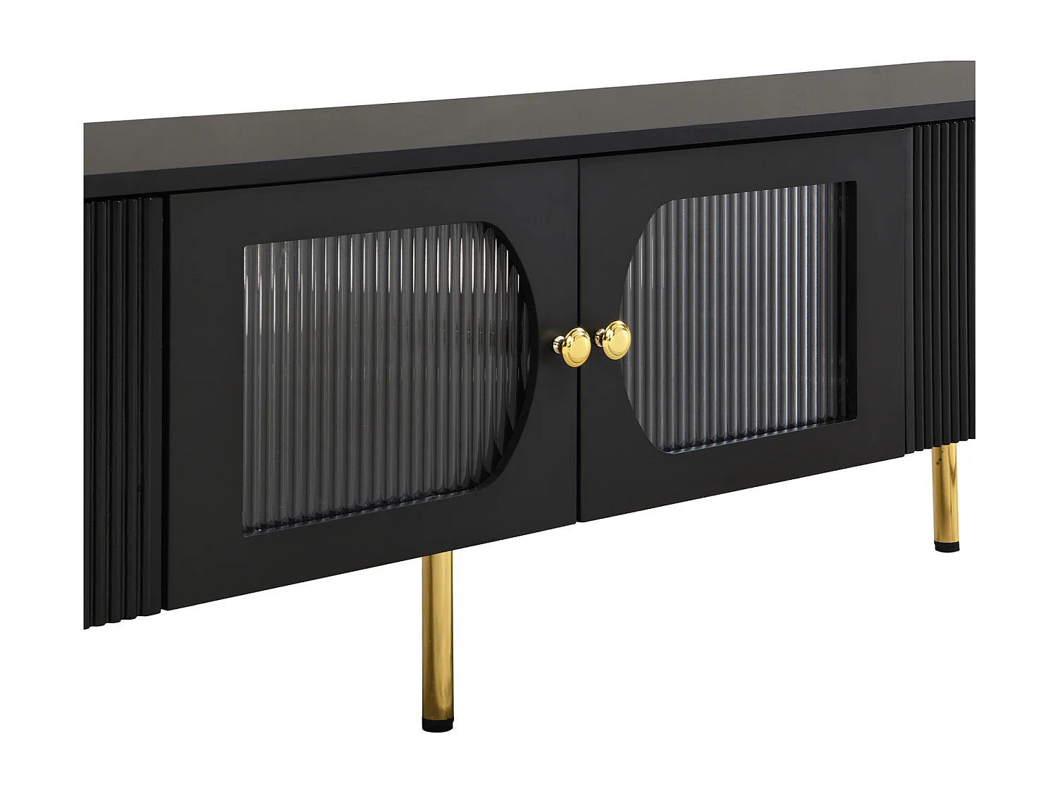 Mobile TV 170x50x34cm - con cassetti e pannelli porta sagomati, maniglie e piedini dorati, forma ad arco - in MDF nero