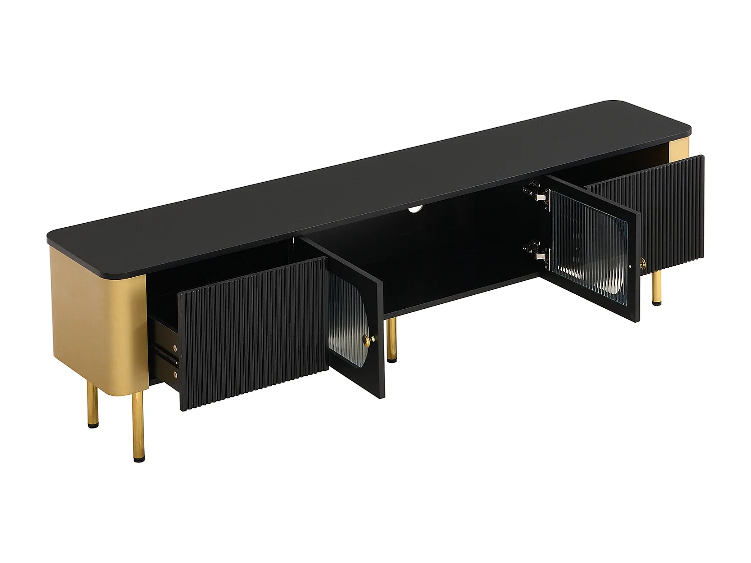 Mobile TV 170x50x34cm - con cassetti e pannelli porta sagomati, maniglie e piedini dorati, forma ad arco - in MDF nero