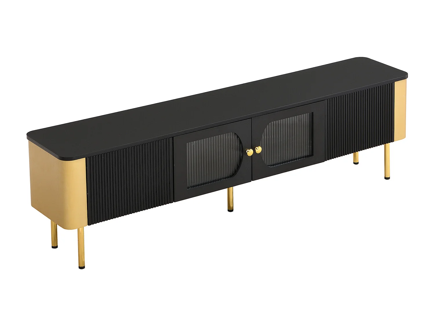 Mobile TV 170x50x34cm - con cassetti e pannelli porta sagomati, maniglie e piedini dorati, forma ad arco - in MDF nero