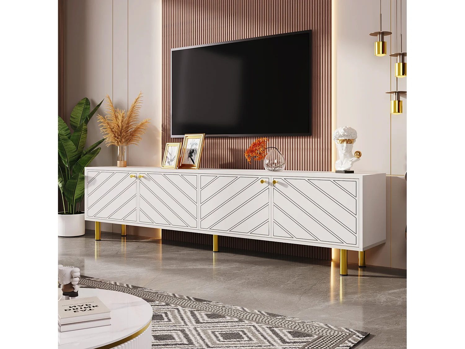 Meuble TV adapté à différents styles d'intérieur 4 portes 2 meubles avec poignées et pieds - blanc