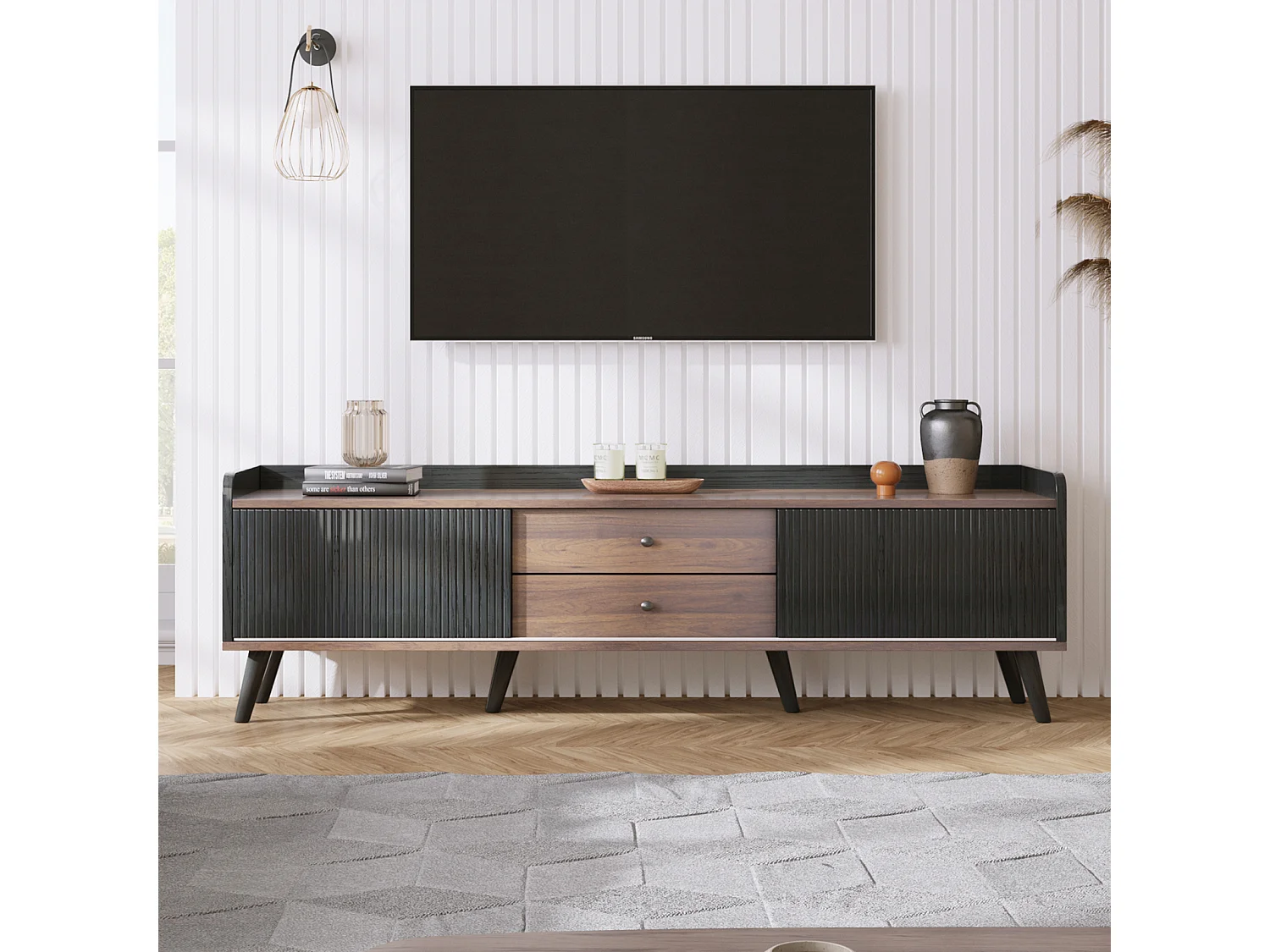 TV-meubel met twee lades, TV-tafel, TV-meubel, laag TV-meubel met twee schuifdeuren. Prachtige textuur. Zwart en natuurlijke houtkleur.