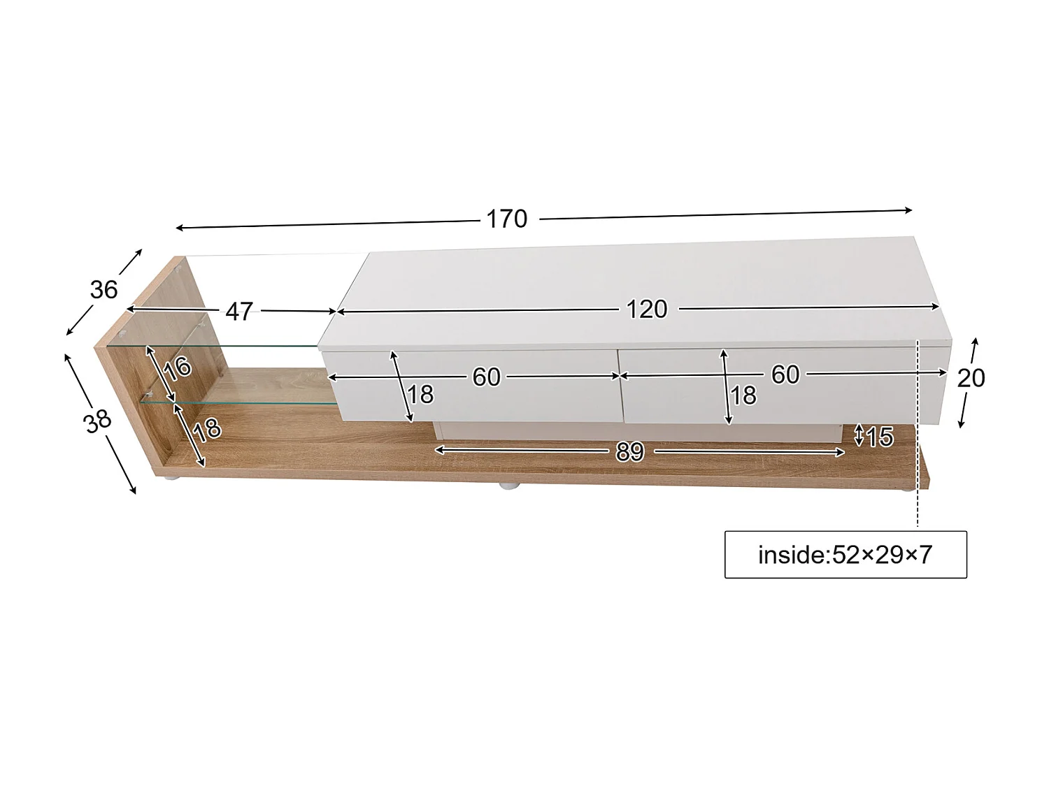 Meuble TV en bois et blanc 170 cm, avec 1 grand tiroir de rangement et cloison vitrée, éclairage LED, meuble TV design moderne, blanc