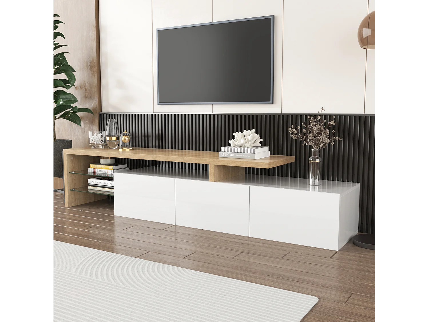 Meuble TV brillant 197.5 L x 39 B x 42H(cm), style moderne, espace de rangement pratique, aspect bois, étagères en verre, éclairage LED, blanc