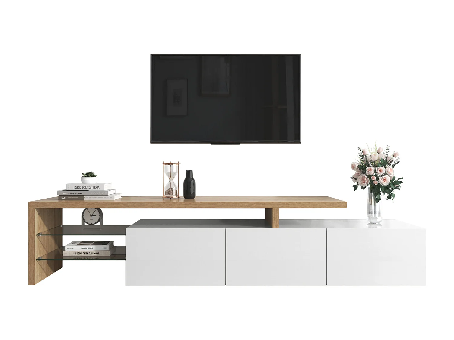 Meuble TV brillant 197.5 L x 39 B x 42H(cm), style moderne, espace de rangement pratique, aspect bois, étagères en verre, éclairage LED, blanc