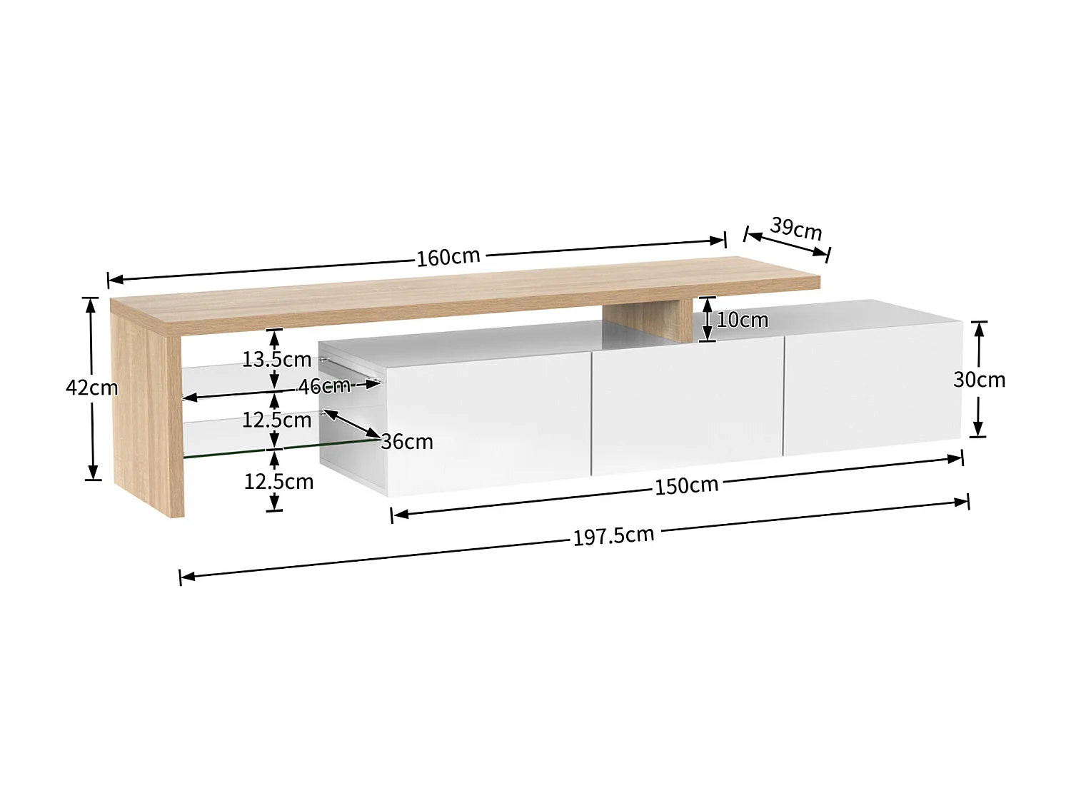 Meuble TV brillant 197.5 L x 39 B x 42H(cm), style moderne, espace de rangement pratique, aspect bois, étagères en verre, éclairage LED, blanc