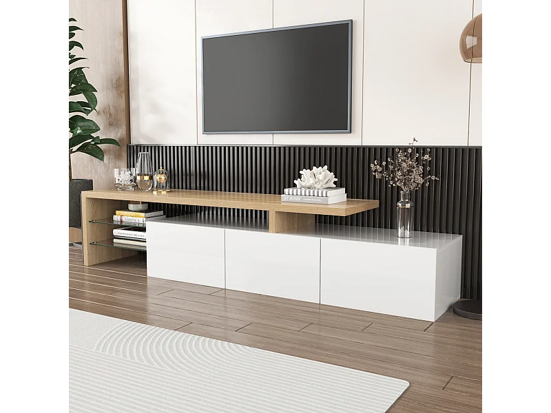 Meuble TV brillant 197.5 L x 39 B x 42H(cm), style moderne, espace de rangement pratique, aspect bois, étagères en verre, éclairage LED, blanc
