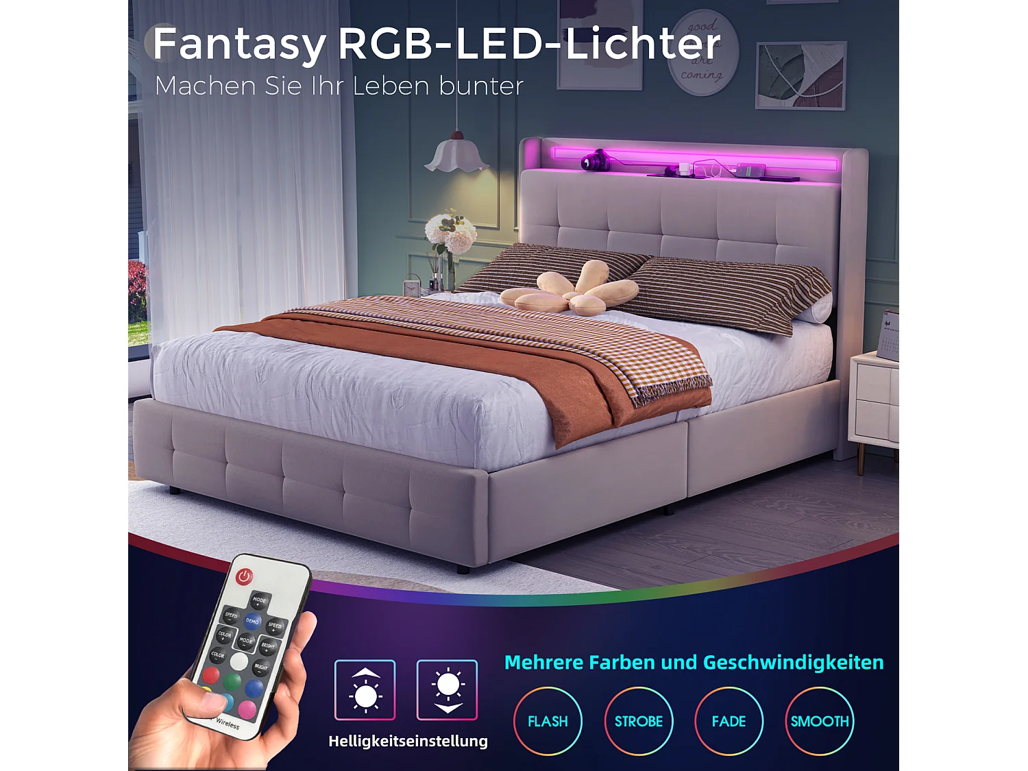Cama de casal estofada 160x200 cm Cama de adulto com cama individual Iluminação LED 2 gavetas Portas USB e estrado de ripas - bege