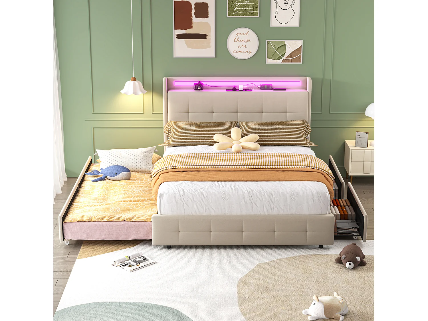 Cama de casal estofada 160x200 cm Cama de adulto com cama individual Iluminação LED 2 gavetas Portas USB e estrado de ripas - bege