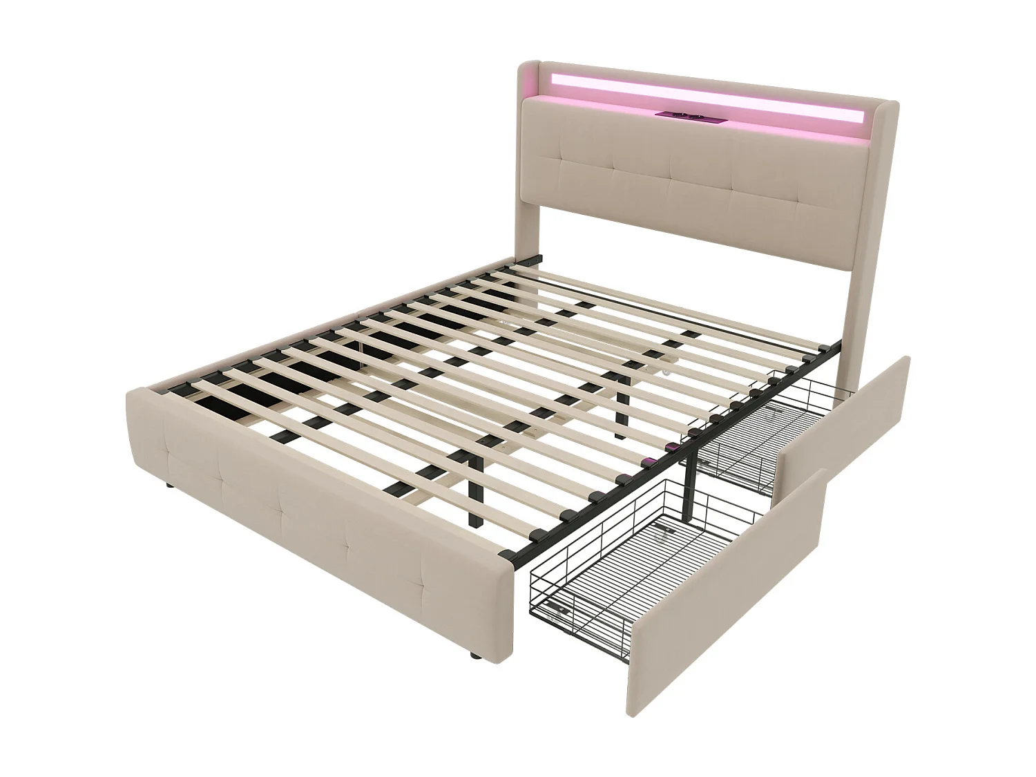 Cama de casal estofada 160x200 cm Cama de adulto com cama individual Iluminação LED 2 gavetas Portas USB e estrado de ripas - bege