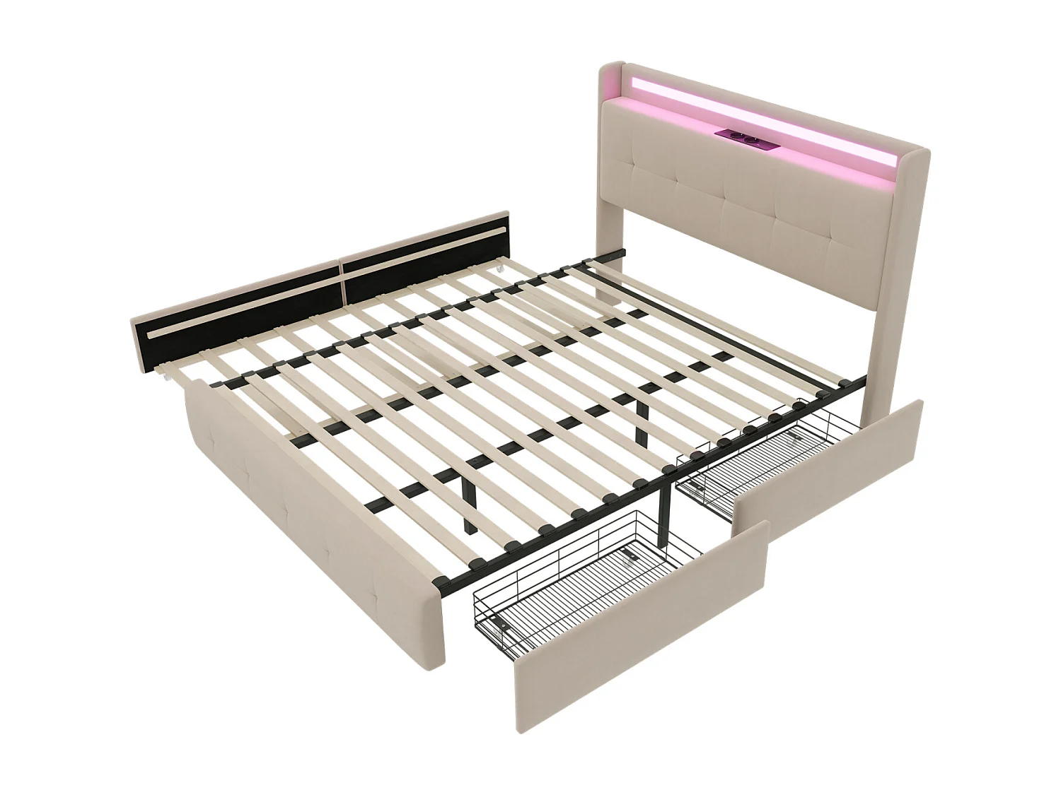 Cama de casal estofada 160x200 cm Cama de adulto com cama individual Iluminação LED 2 gavetas Portas USB e estrado de ripas - bege