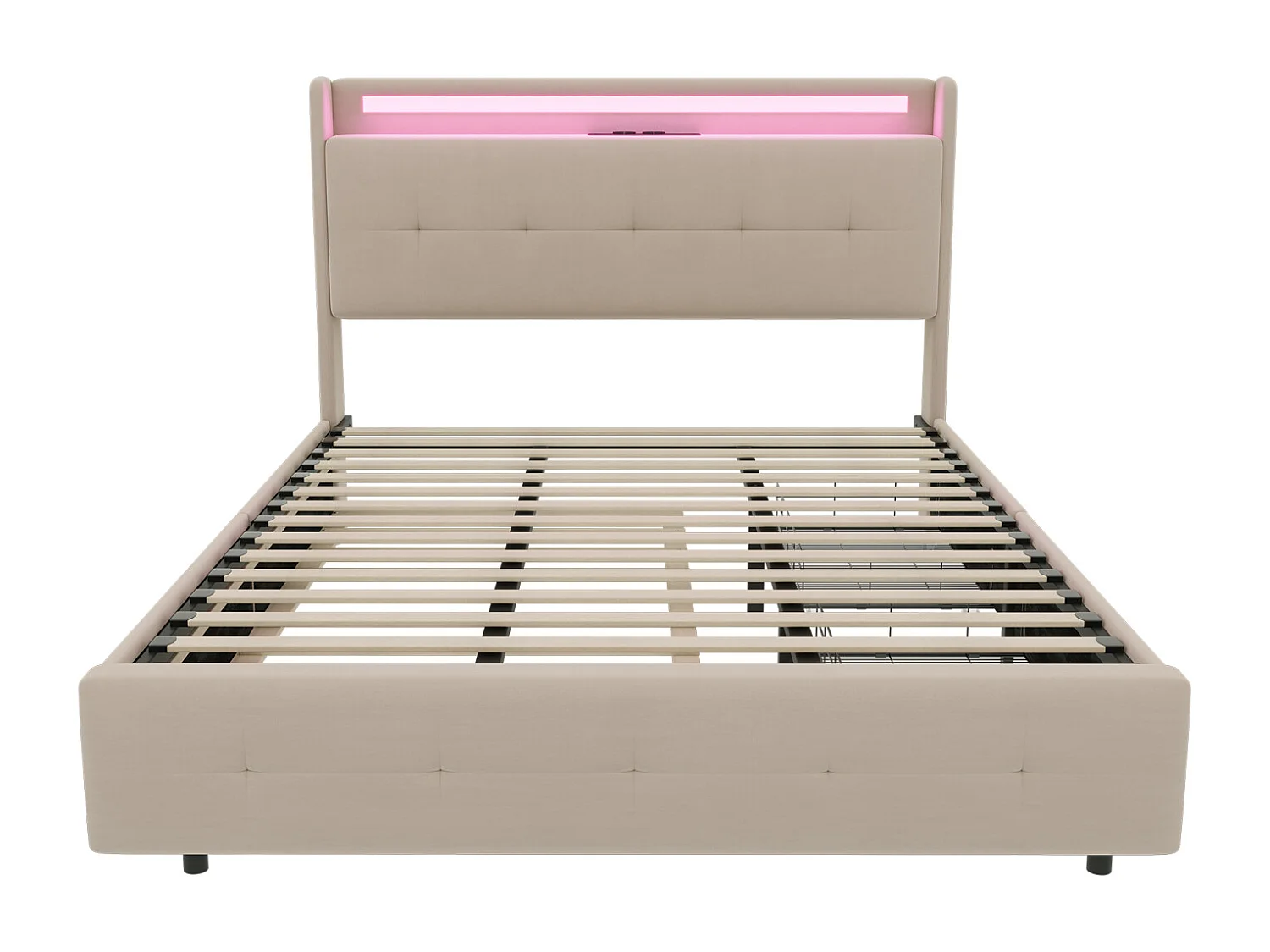Cama de casal estofada 160x200 cm Cama de adulto com cama individual Iluminação LED 2 gavetas Portas USB e estrado de ripas - bege