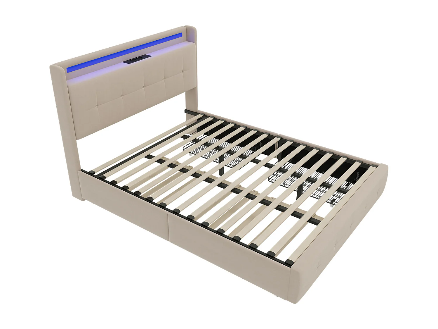 Cama de casal estofada 160x200 cm Cama de adulto com cama individual Iluminação LED 2 gavetas Portas USB e estrado de ripas - bege