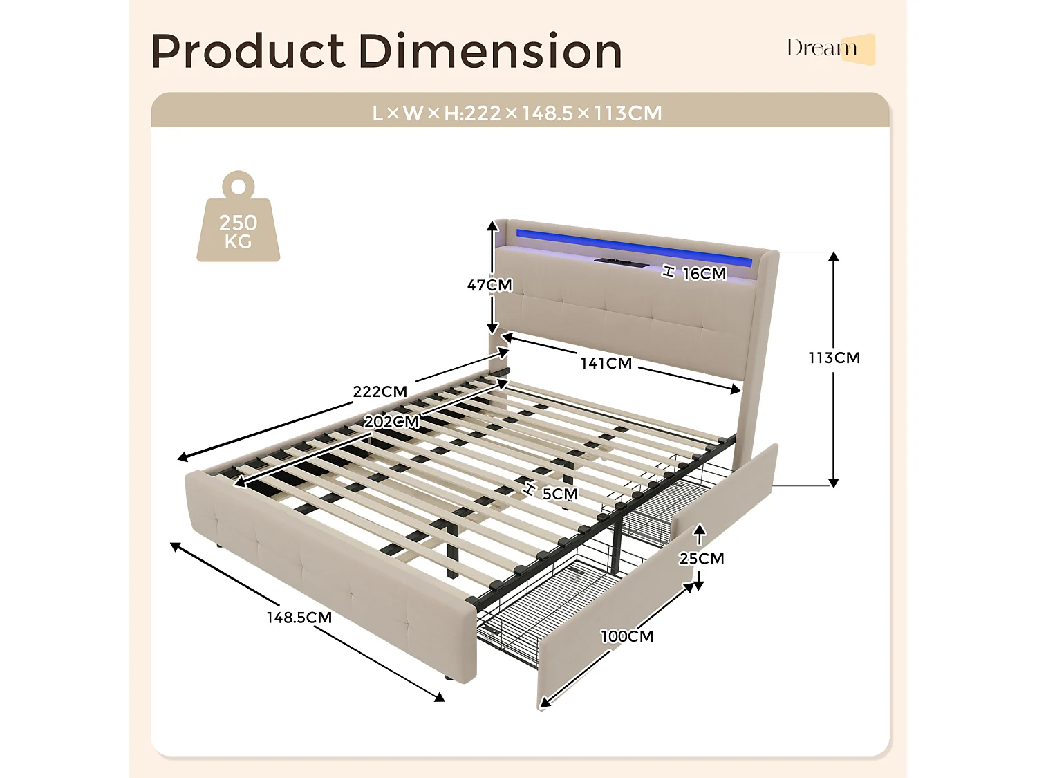 Letto matrimoniale imbottito 140x200 cm Letto per adulti con letto estraibile Illuminazione a LED 2 cassetti Porte USB e rete a doghe - beige