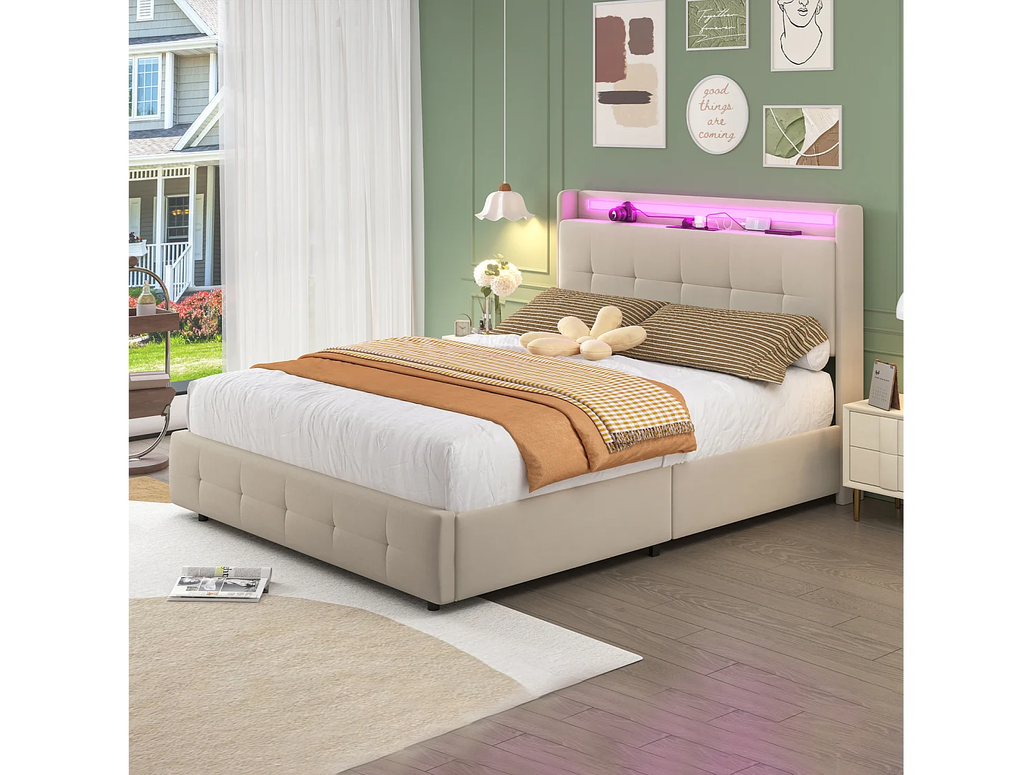Letto matrimoniale imbottito 140x200 cm Letto per adulti con letto estraibile Illuminazione a LED 2 cassetti Porte USB e rete a doghe - beige