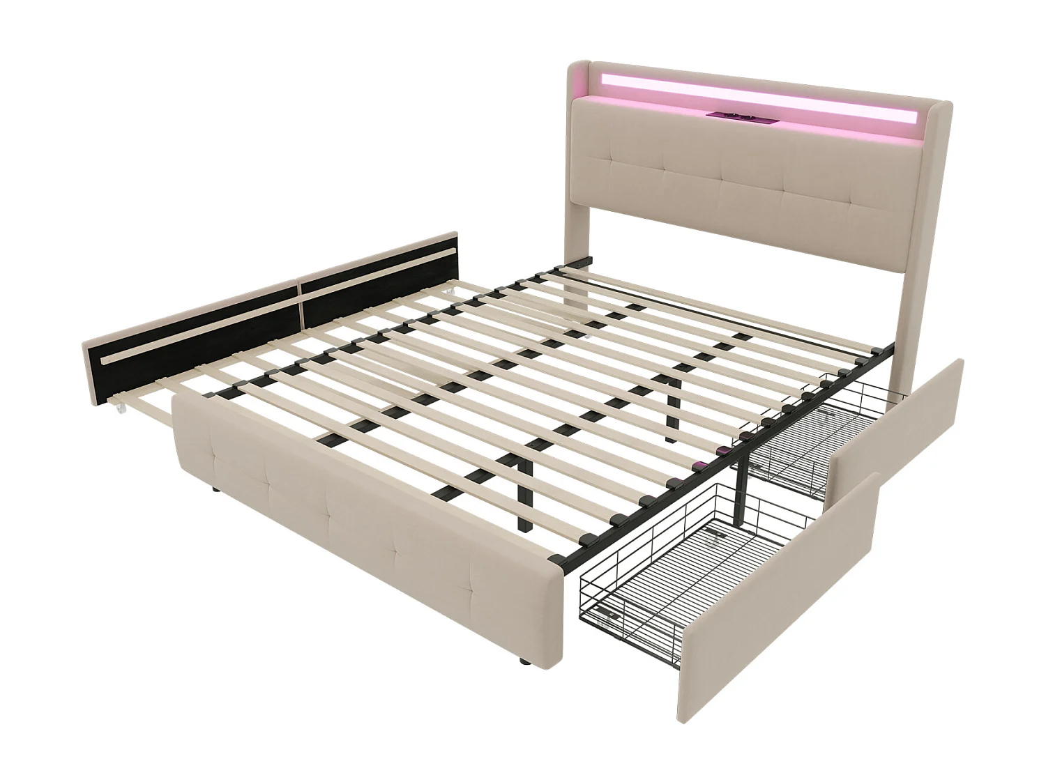 Letto matrimoniale imbottito 140x200 cm Letto per adulti con letto estraibile Illuminazione a LED 2 cassetti Porte USB e rete a doghe - beige