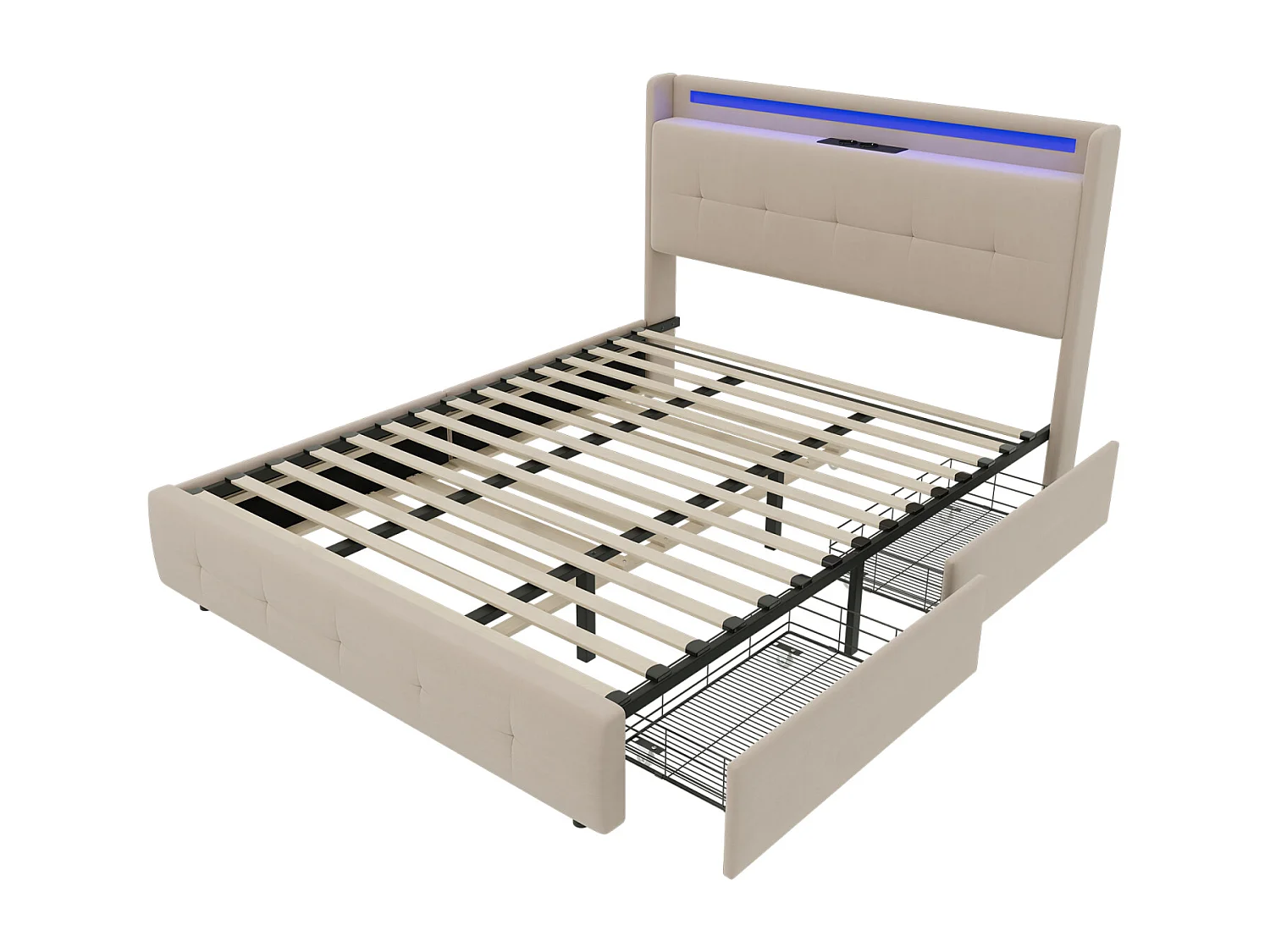 Letto matrimoniale imbottito 140x200 cm Letto per adulti con letto estraibile Illuminazione a LED 2 cassetti Porte USB e rete a doghe - beige