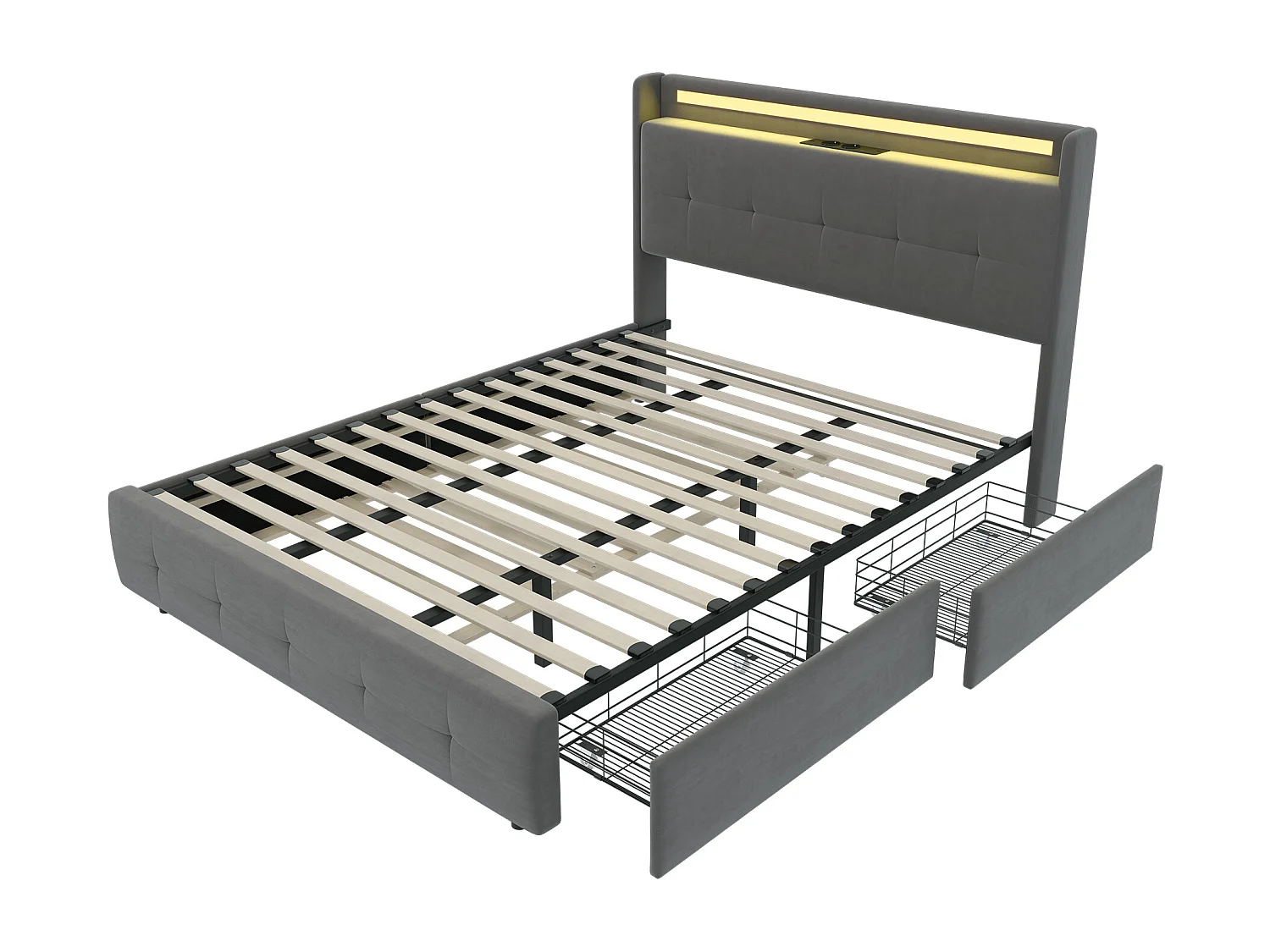 Cama de casal estofada 140x200 cm Cama de adulto com cama individual Iluminação LED 2 gavetas Portas USB e estrado de ripas - cinzento