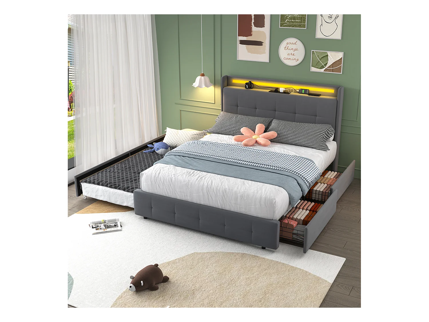 Lit double rembourré 160x200 cm Lit adulte avec lit gigogne éclairage LED 2 tiroirs ports USB et sommier à lattes - gris