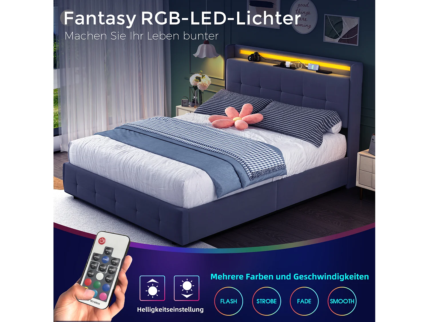 Lit double rembourré 160x200 cm Lit adulte avec lit gigogne éclairage LED 2 tiroirs ports USB et sommier à lattes - gris