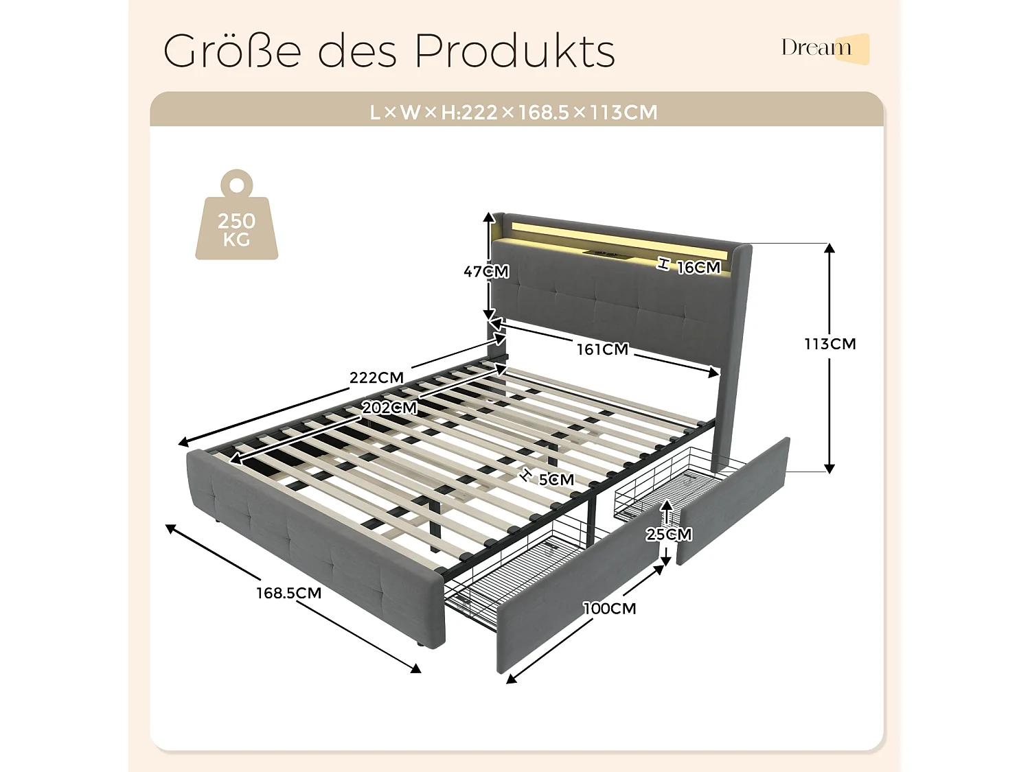 Lit double rembourré 160x200 cm Lit adulte avec lit gigogne éclairage LED 2 tiroirs ports USB et sommier à lattes - gris