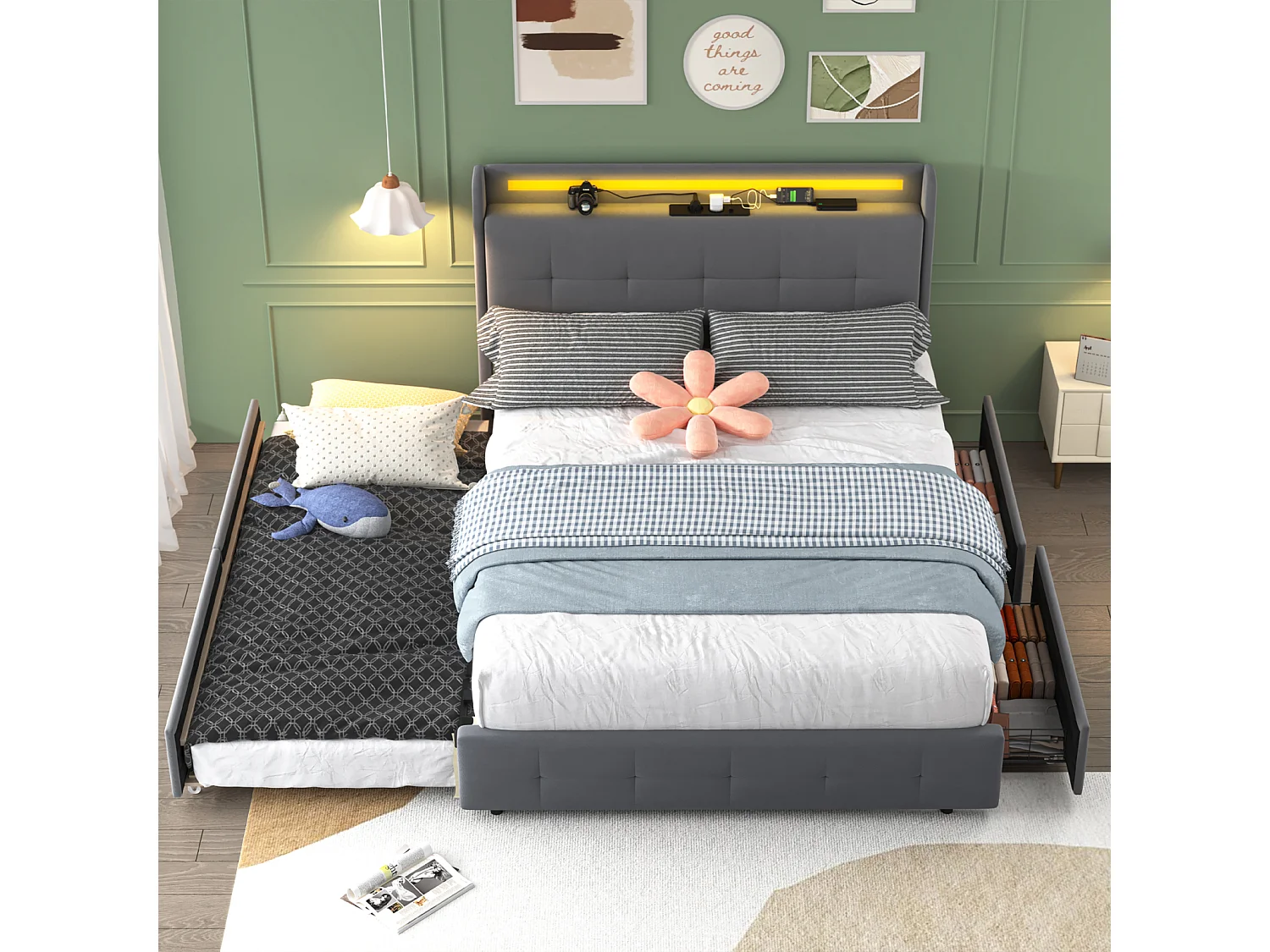 Lit double rembourré 160x200 cm Lit adulte avec lit gigogne éclairage LED 2 tiroirs ports USB et sommier à lattes - gris