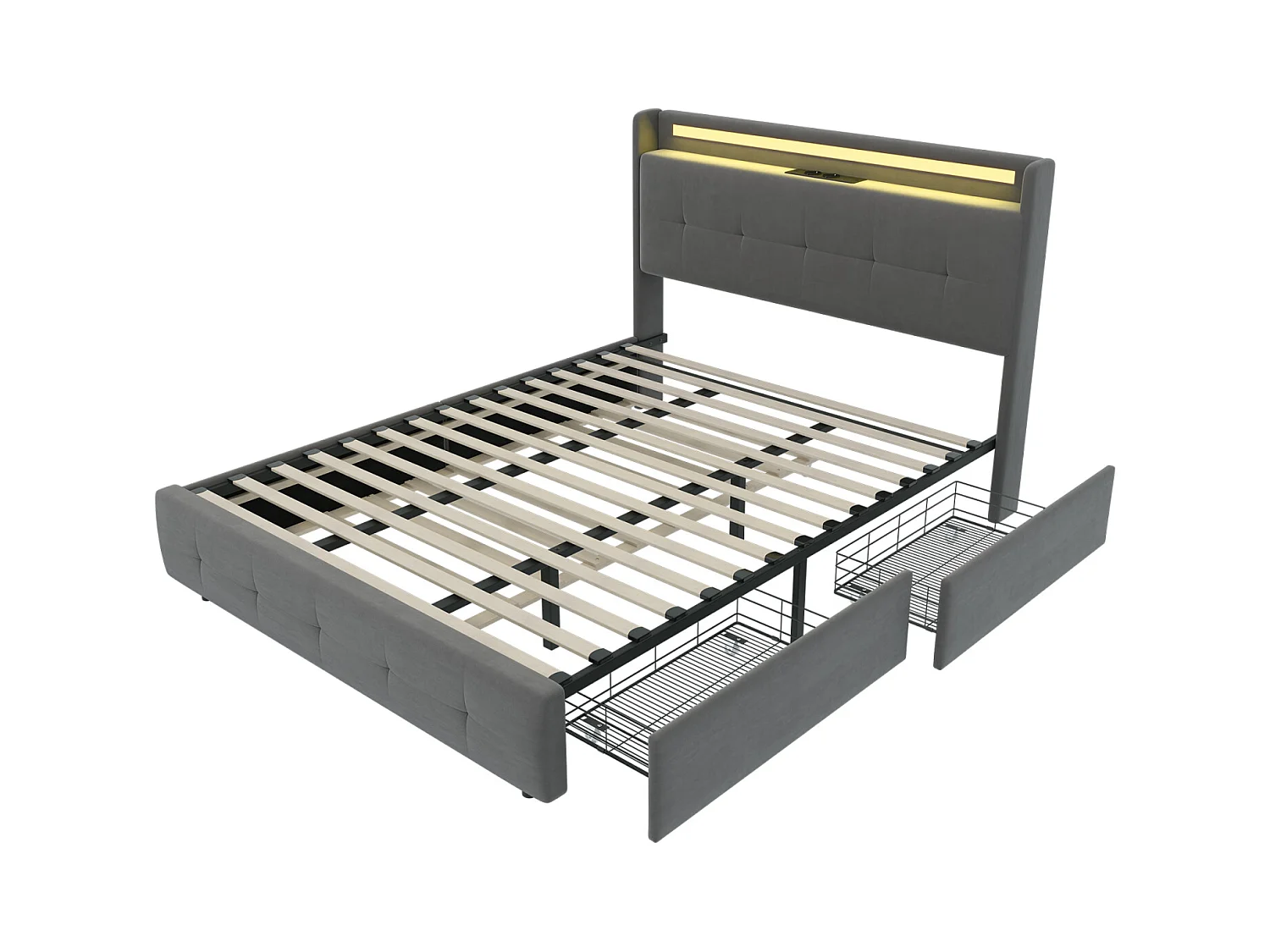 Lit double rembourré 160x200 cm Lit adulte avec lit gigogne éclairage LED 2 tiroirs ports USB et sommier à lattes - gris