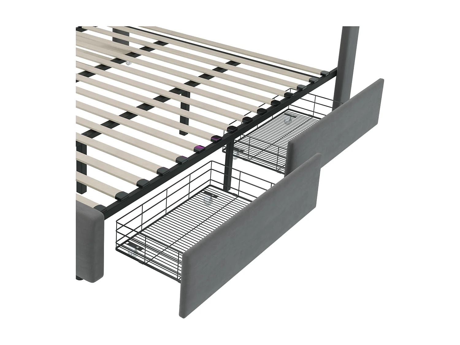 Lit double rembourré 160x200 cm Lit adulte avec lit gigogne éclairage LED 2 tiroirs ports USB et sommier à lattes - gris
