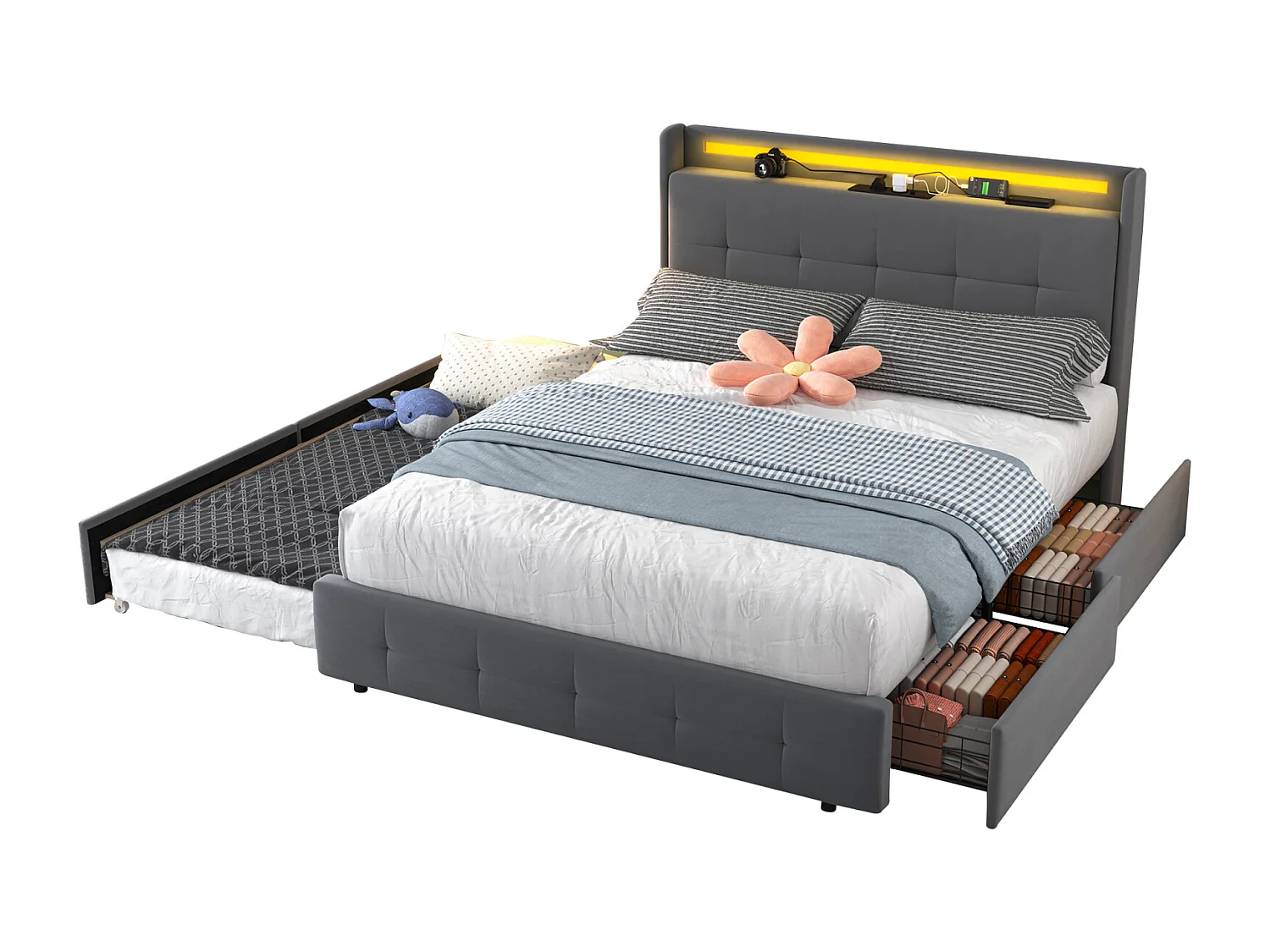 Lit double rembourré 160x200 cm Lit adulte avec lit gigogne éclairage LED 2 tiroirs ports USB et sommier à lattes - gris