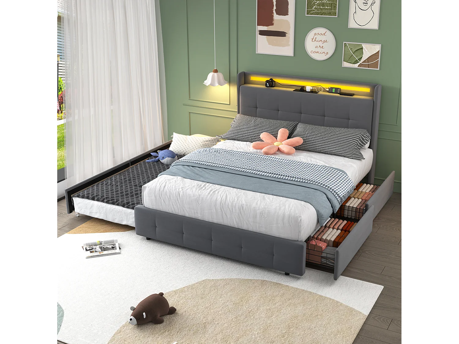 Cama de casal estofada 160x200 cm Cama de adulto com cama de gavetão Iluminação LED 2 gavetas Portas USB e estrado de ripas - cinzento