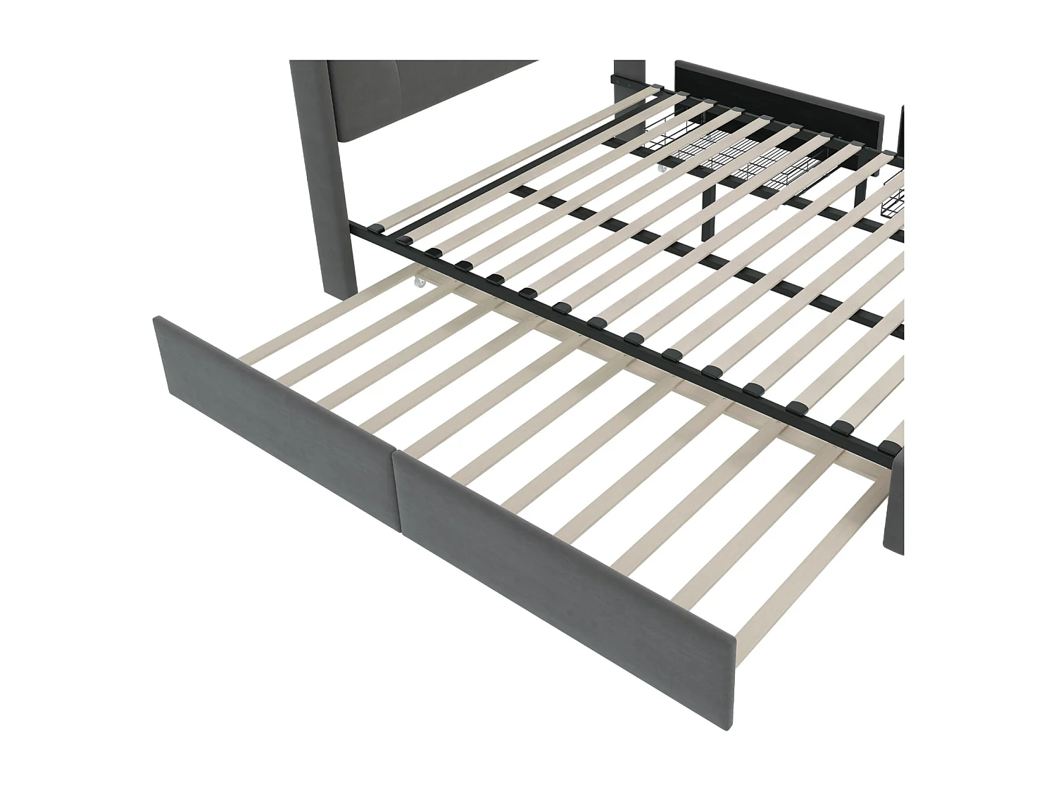 Cama de casal estofada 160x200 cm Cama de adulto com cama de gavetão Iluminação LED 2 gavetas Portas USB e estrado de ripas - cinzento