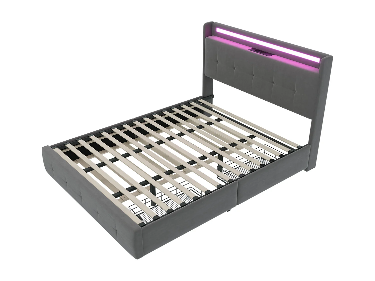 Cama de casal estofada 160x200 cm Cama de adulto com cama de gavetão Iluminação LED 2 gavetas Portas USB e estrado de ripas - cinzento