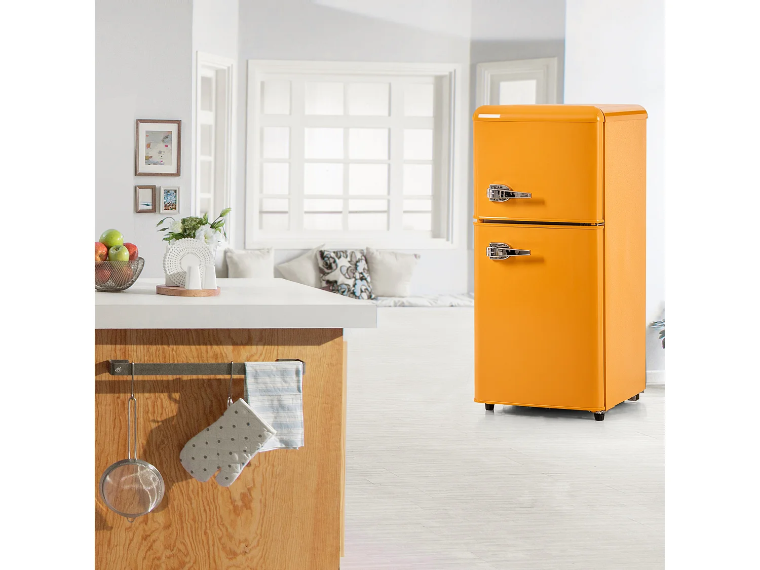 Frigorifero retrò H86x45Lcm - Frigorifero congelatore a LED a 2 porte 60L + congelatore 22L, 163kWh/anno, doppio portauova e tre ripiani interni - giallo