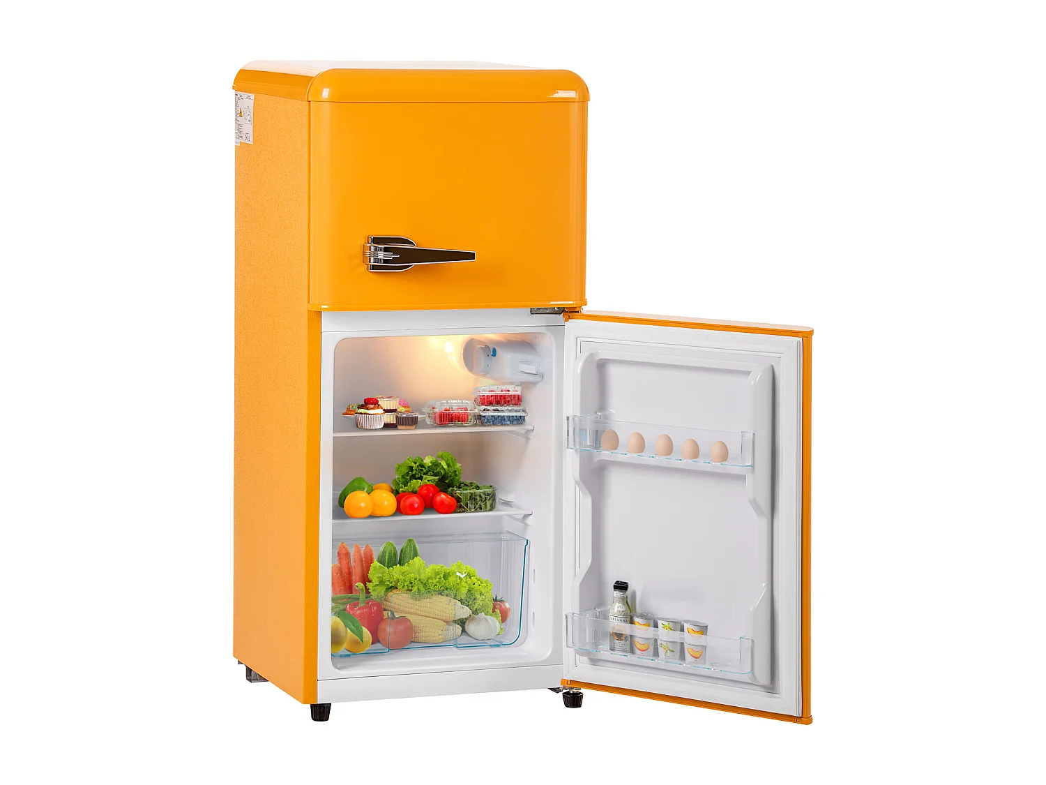 Frigorifero retrò H86x45Lcm - Frigorifero congelatore a LED a 2 porte 60L + congelatore 22L, 163kWh/anno, doppio portauova e tre ripiani interni - giallo