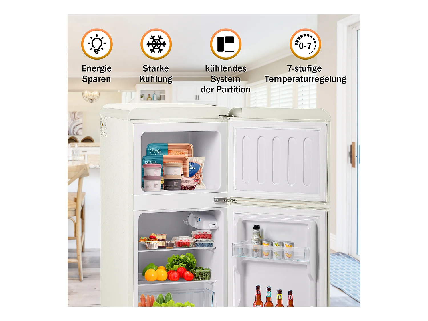 Refrigerador retro. Frigorífico-congelador combinado con un volumen total de 60 litros, un volumen de congelador de 22 litros.