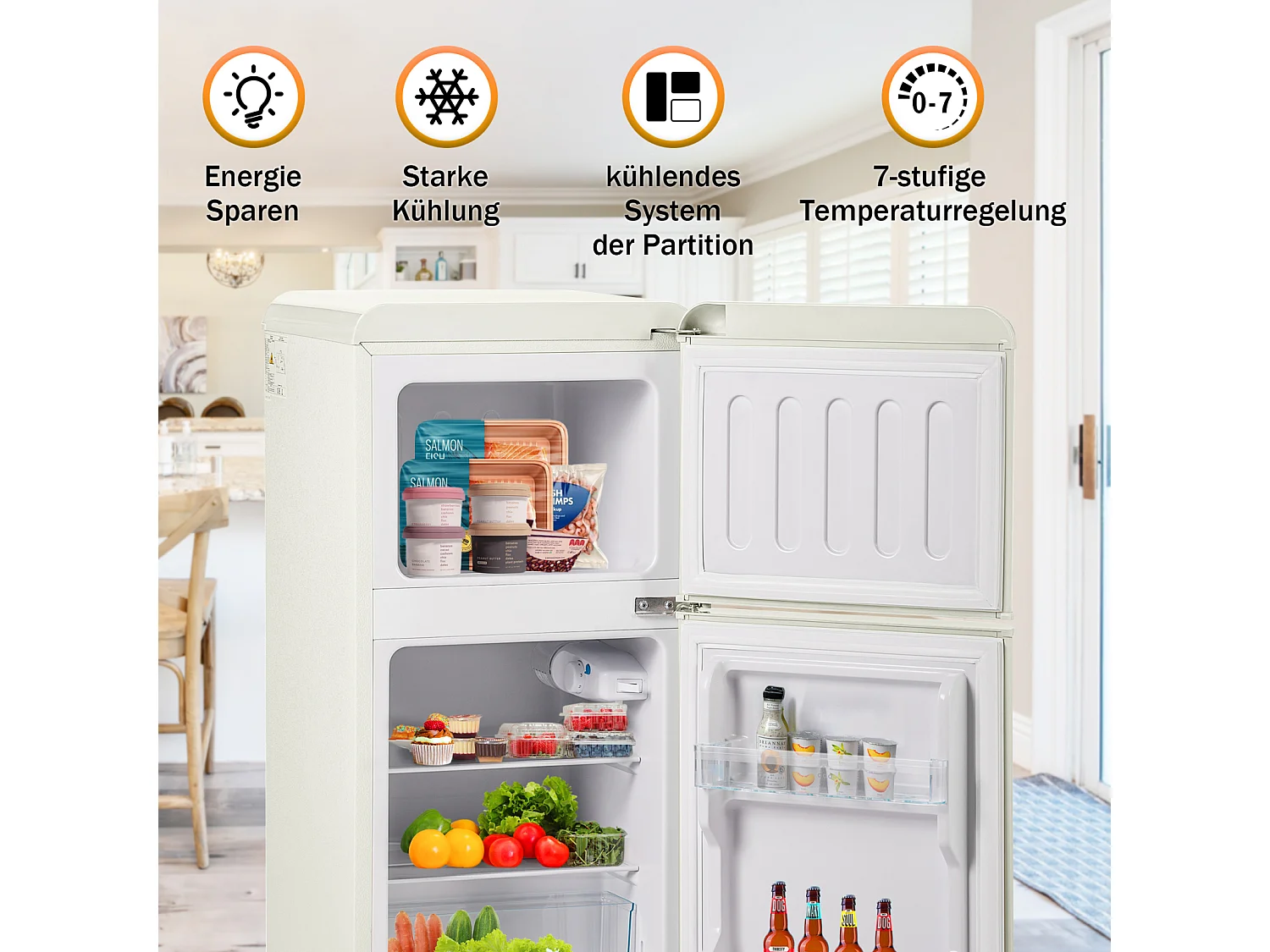 Réfrigérateur rétro. Réfrigérateur-congélateur combiné avec un volume total de 60 litres, un volume de congélateur de 22 litres