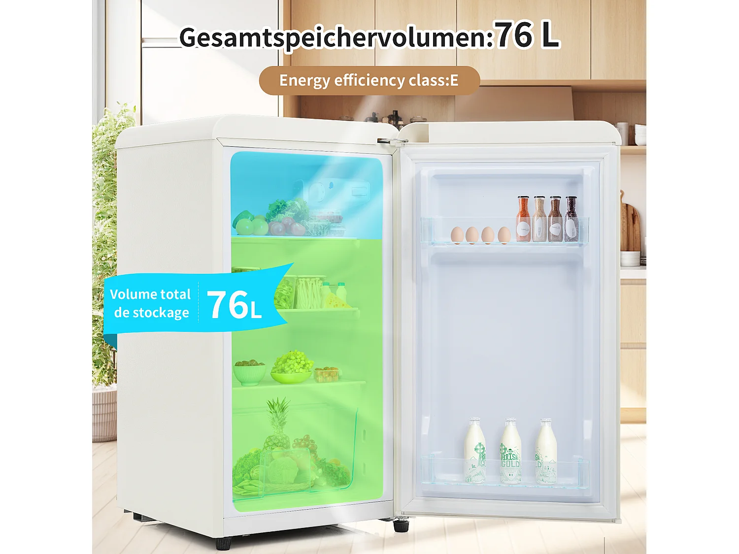 Réfrigérateur,76L, 1 PORTR,éclairage par LED,Pieds réglables,41*42*75 cm,blanc